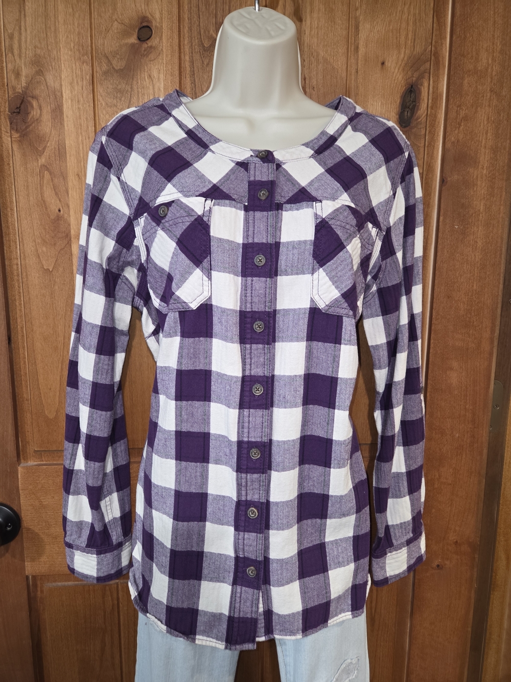 Duluth Trading Co Purple and White Plaid Button-Down Shirt